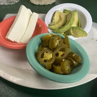 Side of queso fresco, avocado and jalapeños (we asked for fresh not pickled)