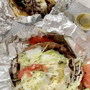 Asada Taco in the back, Asada Tostada in the front!