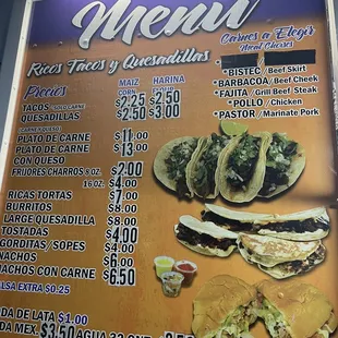 menu, tacos