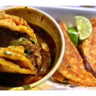 3 Quesabirrias ! (Goat Meat, Cheese Onions Cilantro) Perfecto!So Good! Taqueria El Tapatio.Hermosa. Dine In TakeOut Delivery. ! Cool!