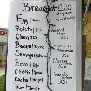 Breakfast taco menu