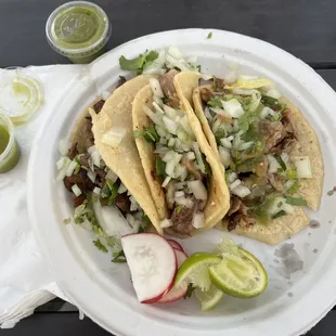 One asada taco, two carnitas. Homemade tortillas are delicious! $7.75 for three tacos.