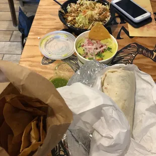 Carne Asada Burrito, Chicken Burrito Bowl and Queso Fundido+chips