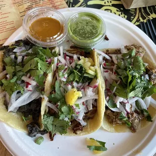 Carne Asada, pastor, and carnitas tacos
