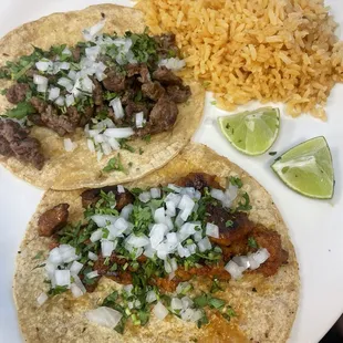 Al Pastor Taco, Asada Taco, and Rice