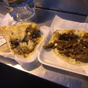 Deshebrada gordita and pastor quesadilla