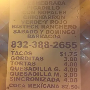 Taqueria Elena menu