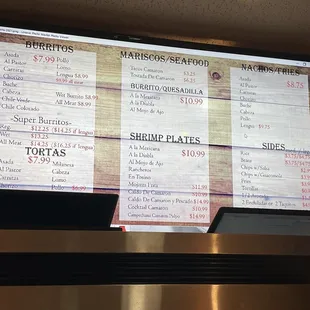a menu on a large screen
