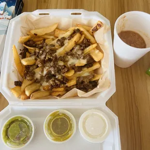 Carne asada fries. Not much meat for $12.58. VIP tacos across the street has them for $7.25 Fridays