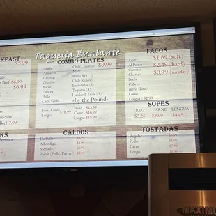 a menu on a large screen