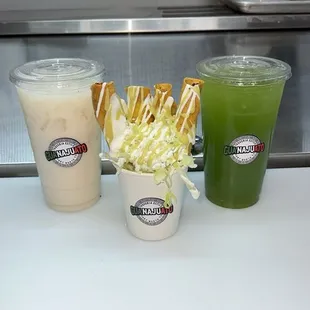 Chicken flauta cup with horchata and cucumber agua frescas