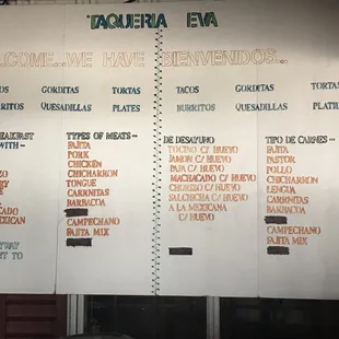 a menu on a wall