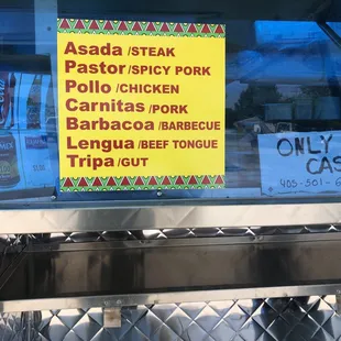 Menu cash only