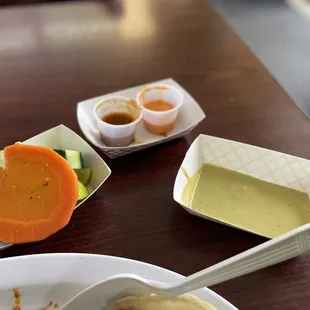 Different sauces  Limes Pickled vegetables