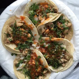 Pollo tacos, with everything on them. About $13.