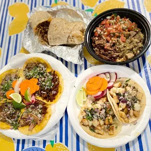 Tacos (lengua, al pastor, asada), regular Burrito (1/2 asada 1/2 carnitas) &amp; Burrito Bowl (1/2 asada 1/2 chile verde)