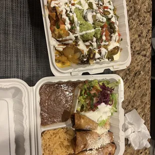 Flautas con Pollos y Super Nachos Carne Asada