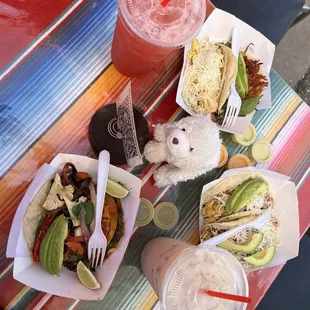 Aqua Fresca, Horchata, Felix (Steak), Quessabirria, Migas, Alis and a Breakfast taco - potato, egg and cheese