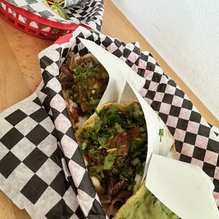 left to right: Pastor, lengua, queso birria, and carne asada