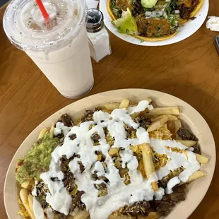 Asada Fries, Tacos, Horchata