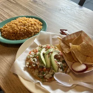 Enjoyed my Ceviche (Fish) Tostada, side of rice and a small drink, &amp; self serve full chips bar, $13.