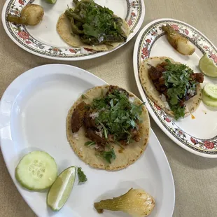 Tacos (from top clockwise): nopal, chorizo, al pastor