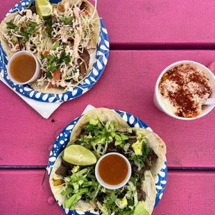 Fish tacos; beef tacos; corn cup