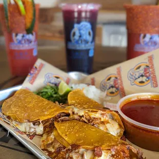 Birria quesatacos with micheladas and jamaica