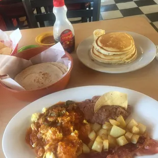 Huevos Rancheros &amp; 3 pancakes, incredible!