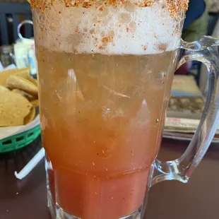 A nice large Michelada. They use Clamato juice.