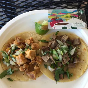 Chicken and tongue tacos $2 each. Small, about length of credit card. It was just OK.