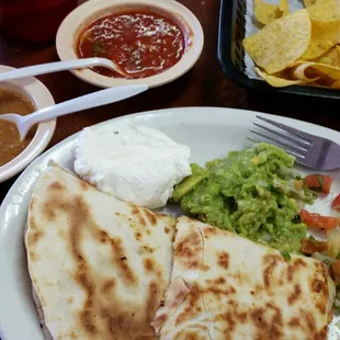 Quesadilla, chips, Salsa and beans