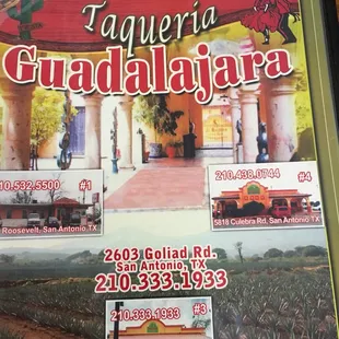 Front of menu... they have several restaurants locations.