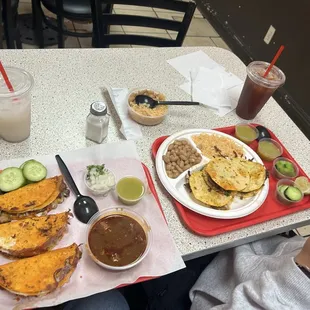 Birria Quesadillas and Mullitas with rice and beans