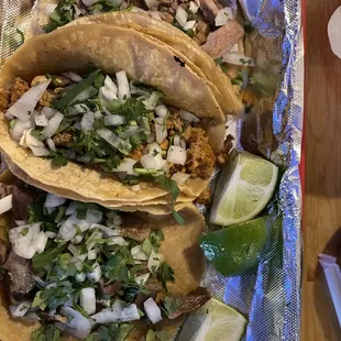 Lengua, Carnitas, and Chorizo Street Tacos.