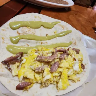 Sausage and egg tacos w/ green salsa