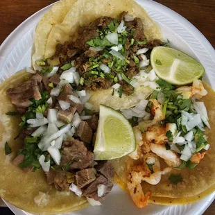 Tacos. Lengua, Asada, and Shrimp