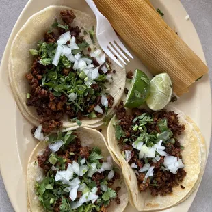 Chorizo tacos and pork tamale
