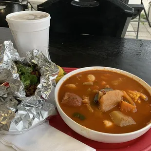 Agua fresca, tripe taco, shrimp soup