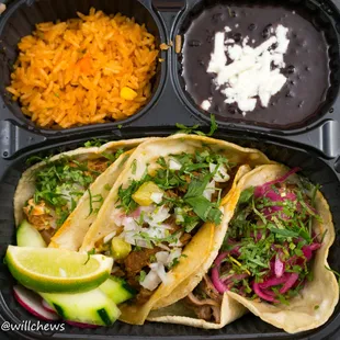 Tinga Poblana, Al Pastor, and Carnitas Tacos Platter