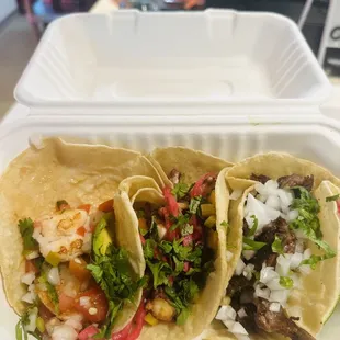 Trio of tacos: shrimp, pulpo, and steak