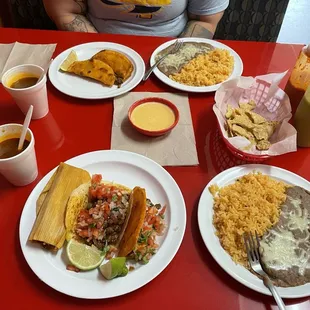 Tacos, Tamales, Rice &amp; Beans, Queso Dip