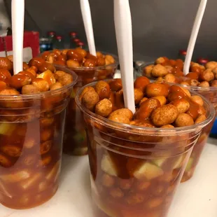 three cups of pickled peanuts