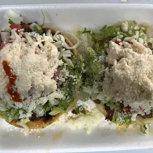 Hand made sopes with meat, beans, vegetables, 
Cheese,sour cream 
Only at "Taqueria Jaiba Brava"
"The place where everyday we cook Fresh"