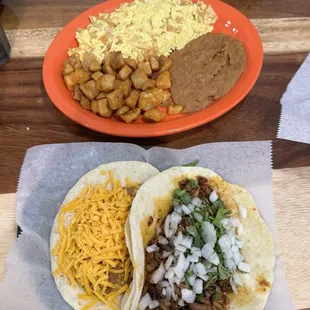Migas Plato and bean/cheese taco and pastor taco