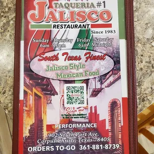 Front of menu