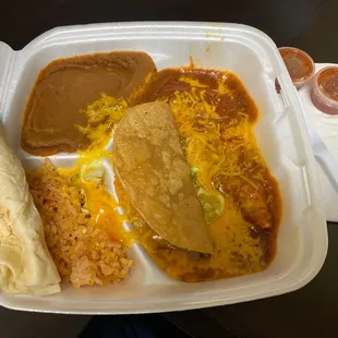 4. Mexican Plate. 2 cheese enchiladas, taco, beans/rice, two NICE tortillas. Solid meal.