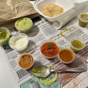 Generous amounts of a variety of salsa/sauces