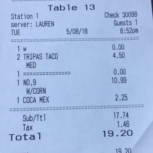 mexican restaurant receipt