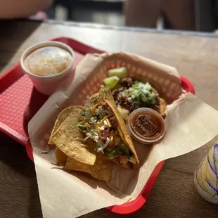 crispy taco, street taco, and side of refried beans